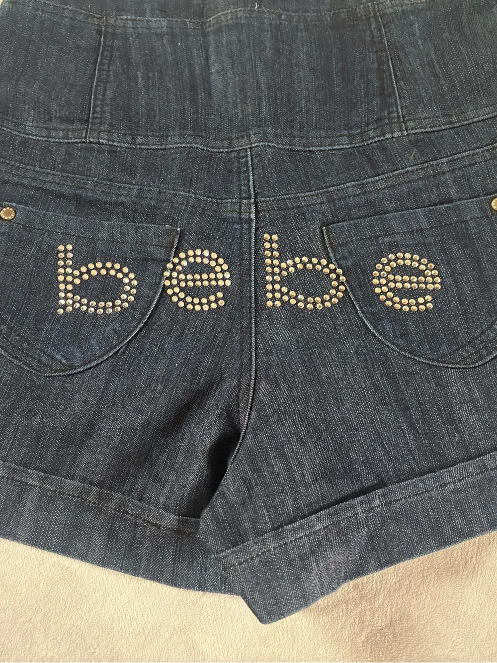 Bebe High Waisted Denim Shorts Size 9 Y2K Studded Logo Dark Wash Stretch